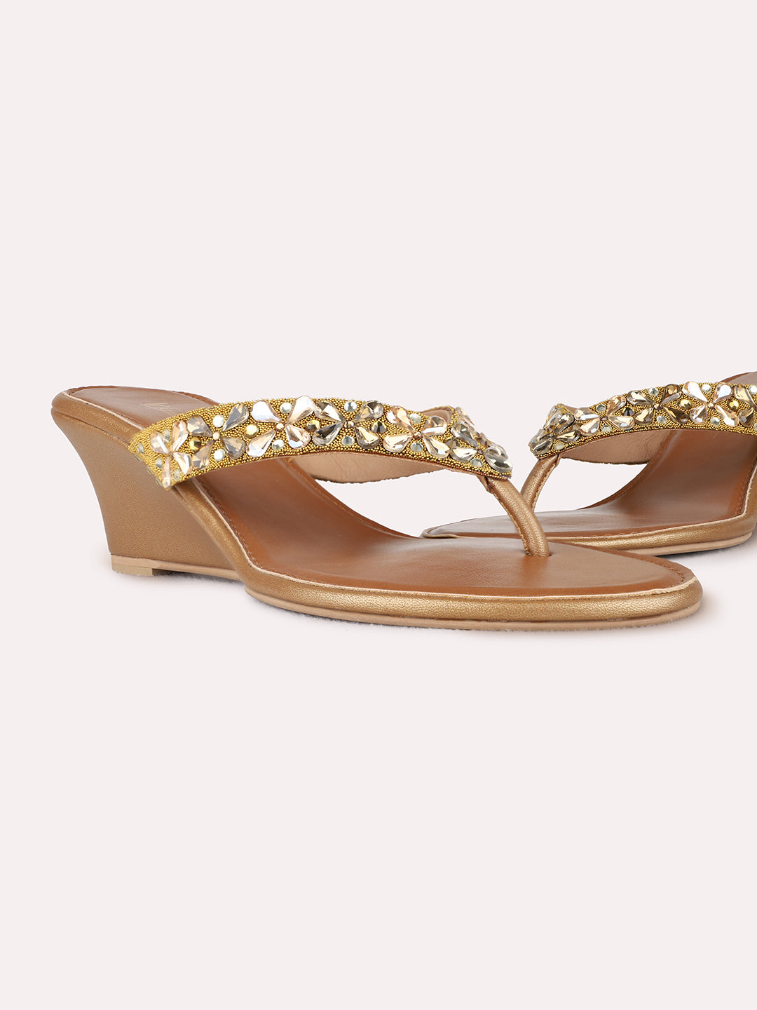 Womens Golden Embellished Ethnic  Round Toe Shape Wedge Heels