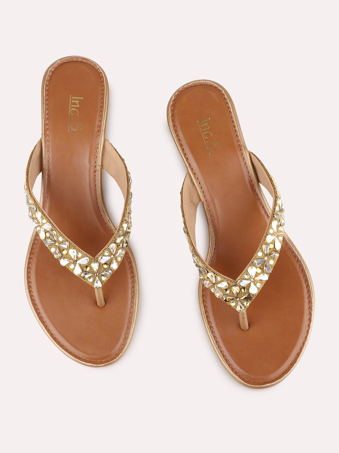 Womens Golden Embellished Ethnic  Round Toe Shape Wedge Heels