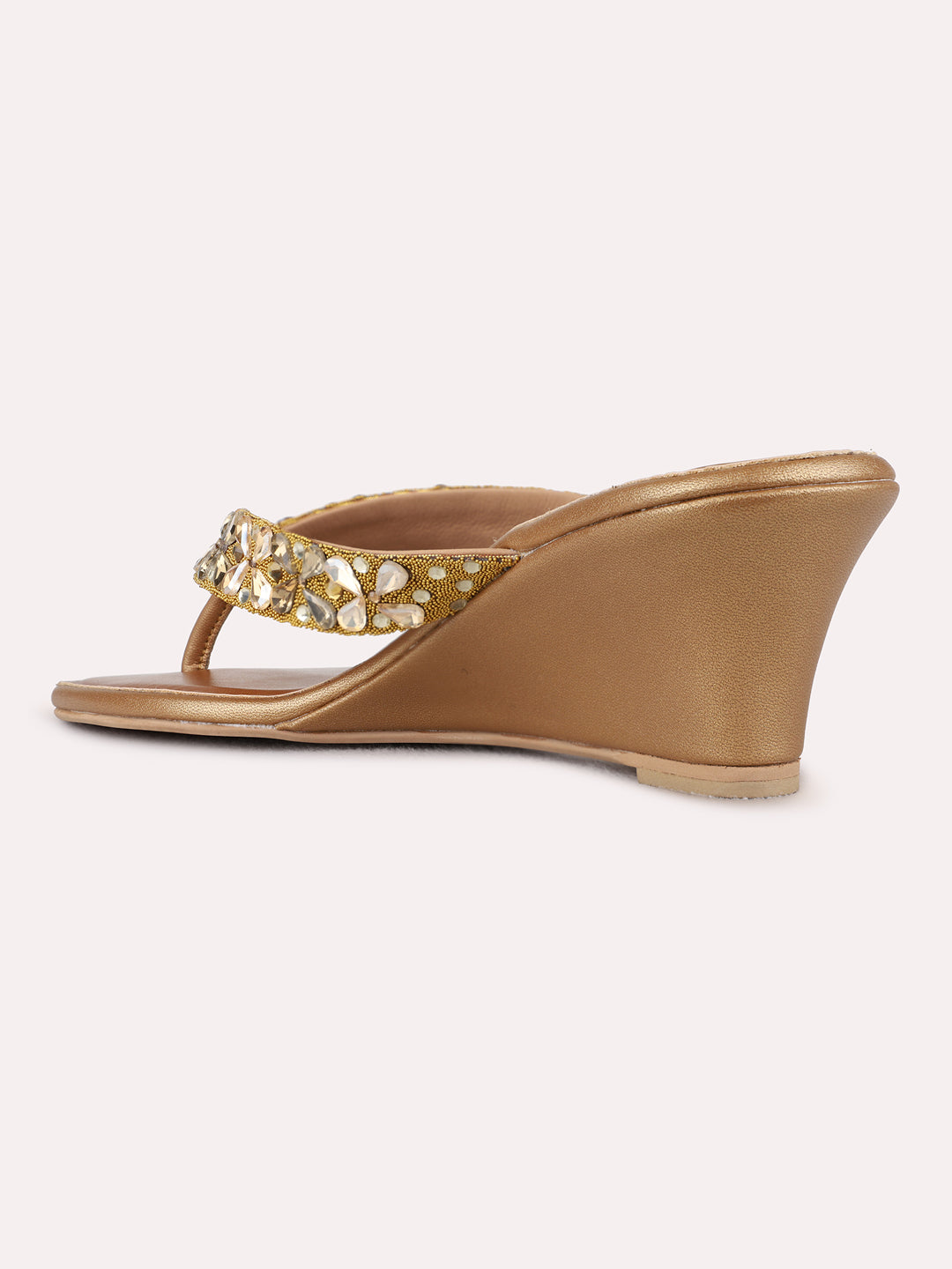 Womens Golden Embellished Ethnic  Round Toe Shape Wedge Heels