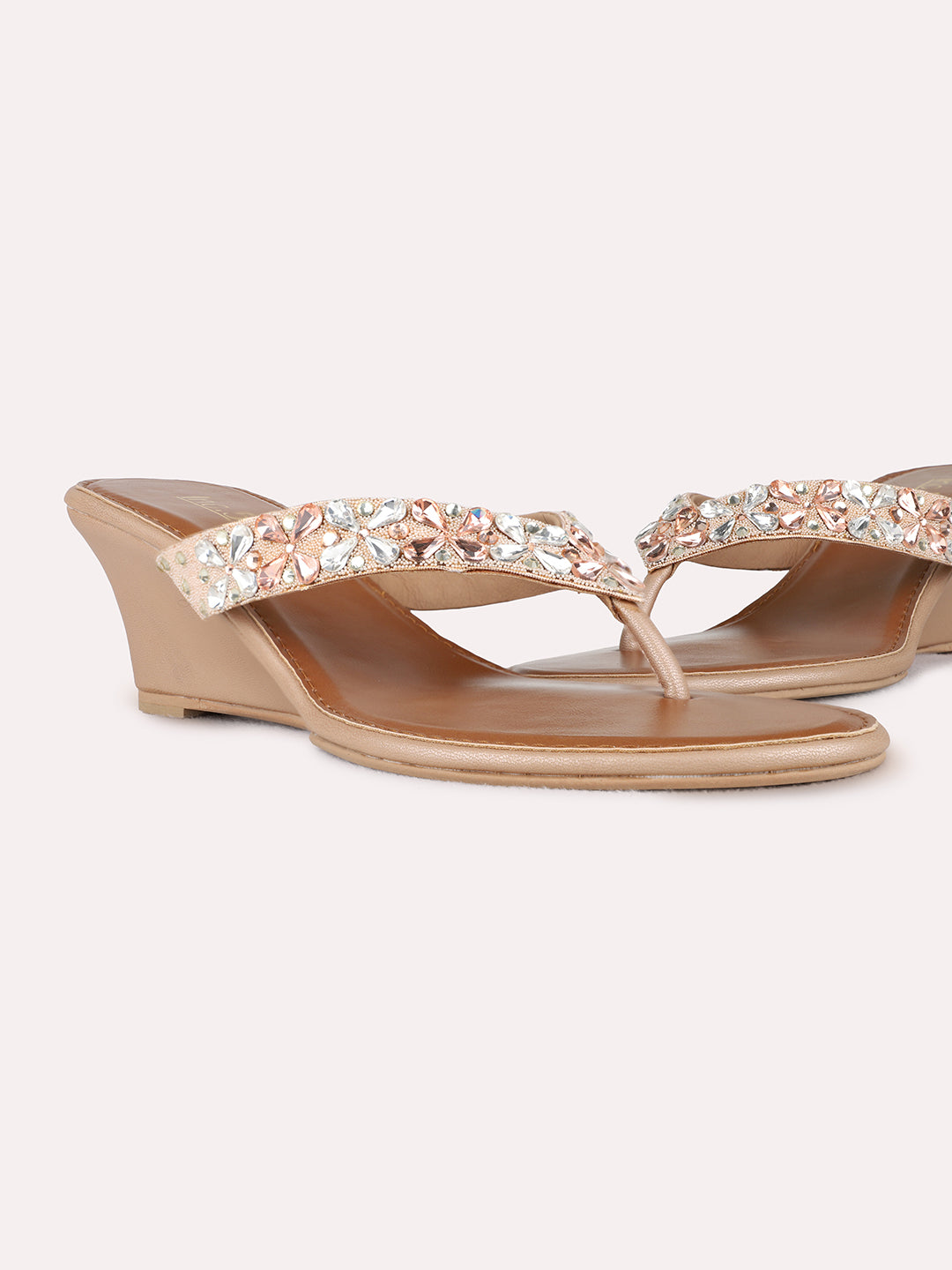 Womens Rose Gold Ethnic Embellished Round Toe Wedge Heels