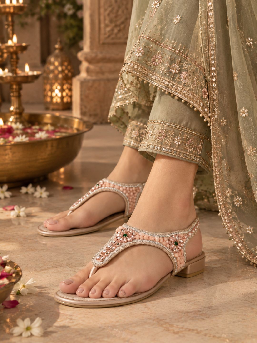 Womens Rose Gold Ethnic Embellished T-Strap Flats