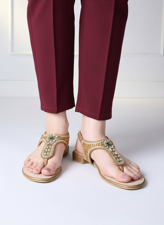 Womens Golden Ethnic Embellished T-Strap Flats