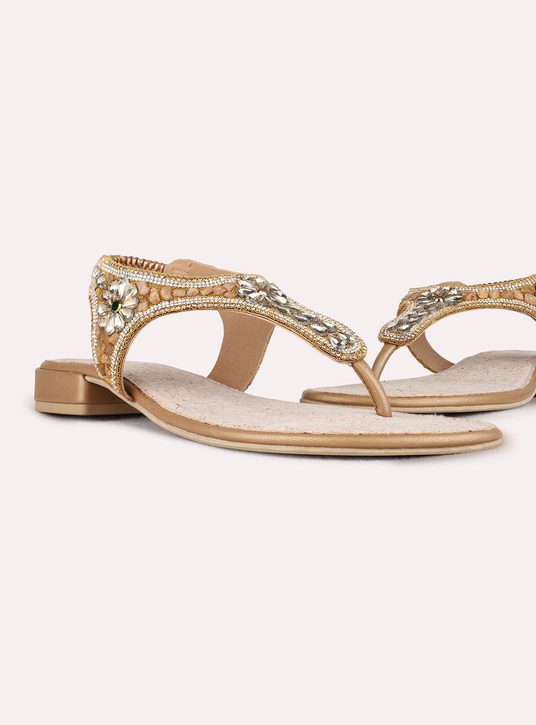 Womens Golden Ethnic Embellished T-Strap Flats