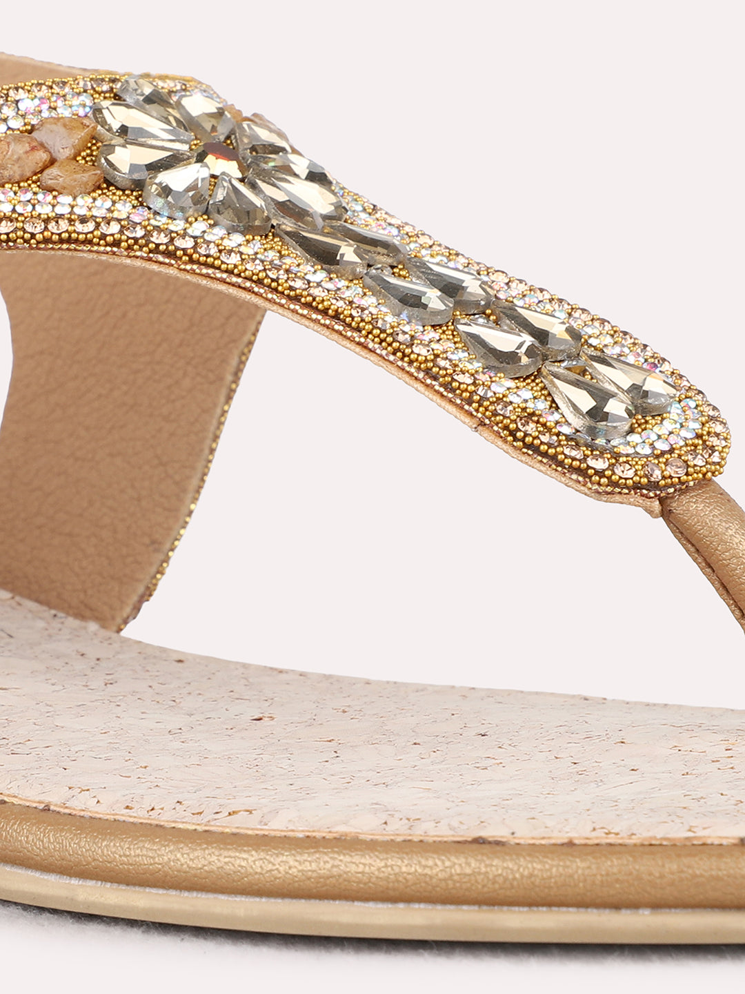 Womens Golden Ethnic Embellished T-Strap Flats