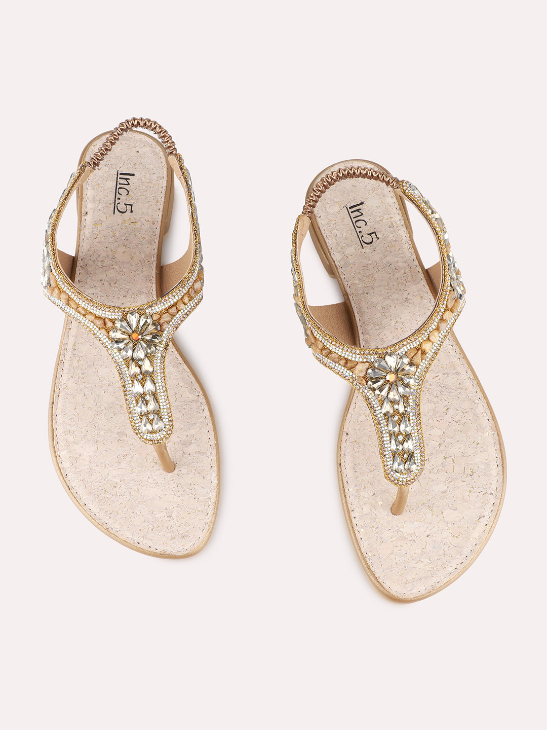 Womens Golden Ethnic Embellished T-Strap Flats