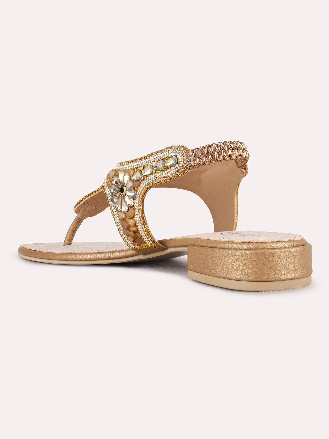 Womens Golden Ethnic Embellished T-Strap Flats