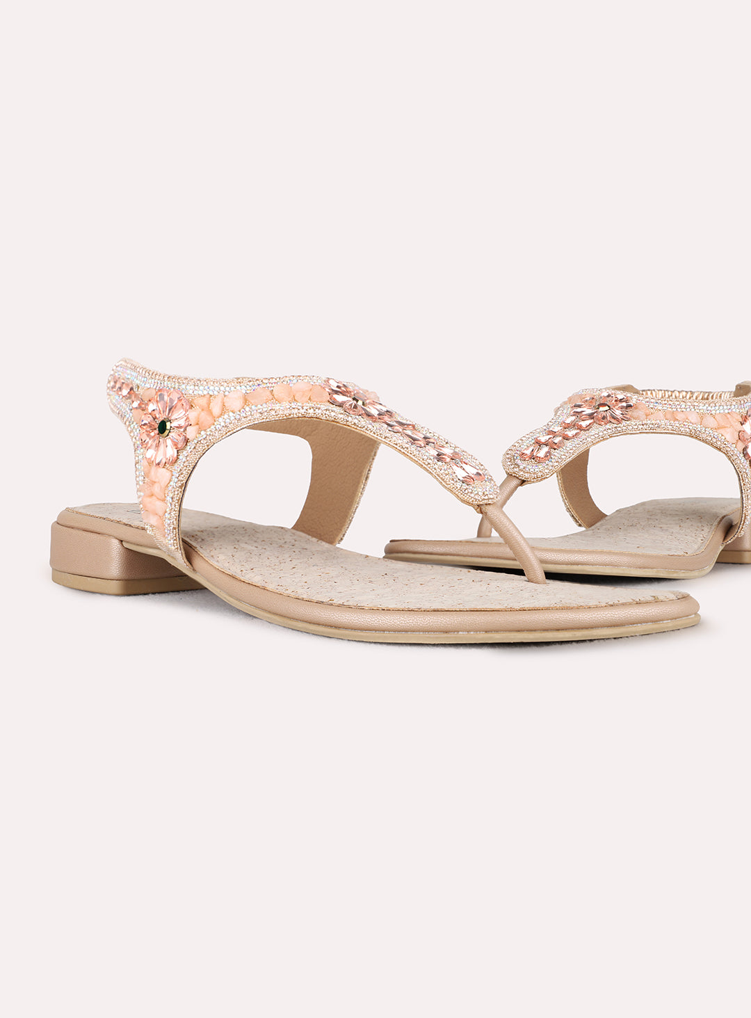 Womens Rose Gold Ethnic Embellished T-Strap Flats