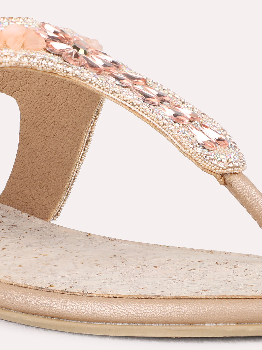 Womens Rose Gold Ethnic Embellished T-Strap Flats