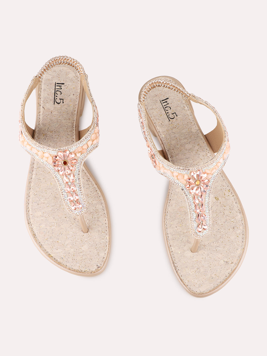 Womens Rose Gold Ethnic Embellished T-Strap Flats