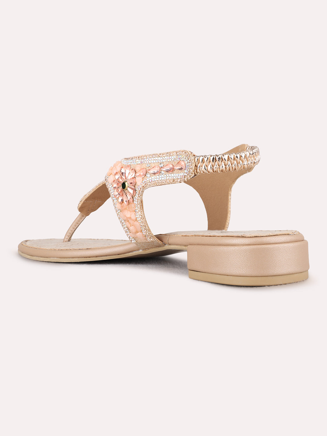 Womens Rose Gold Ethnic Embellished T-Strap Flats