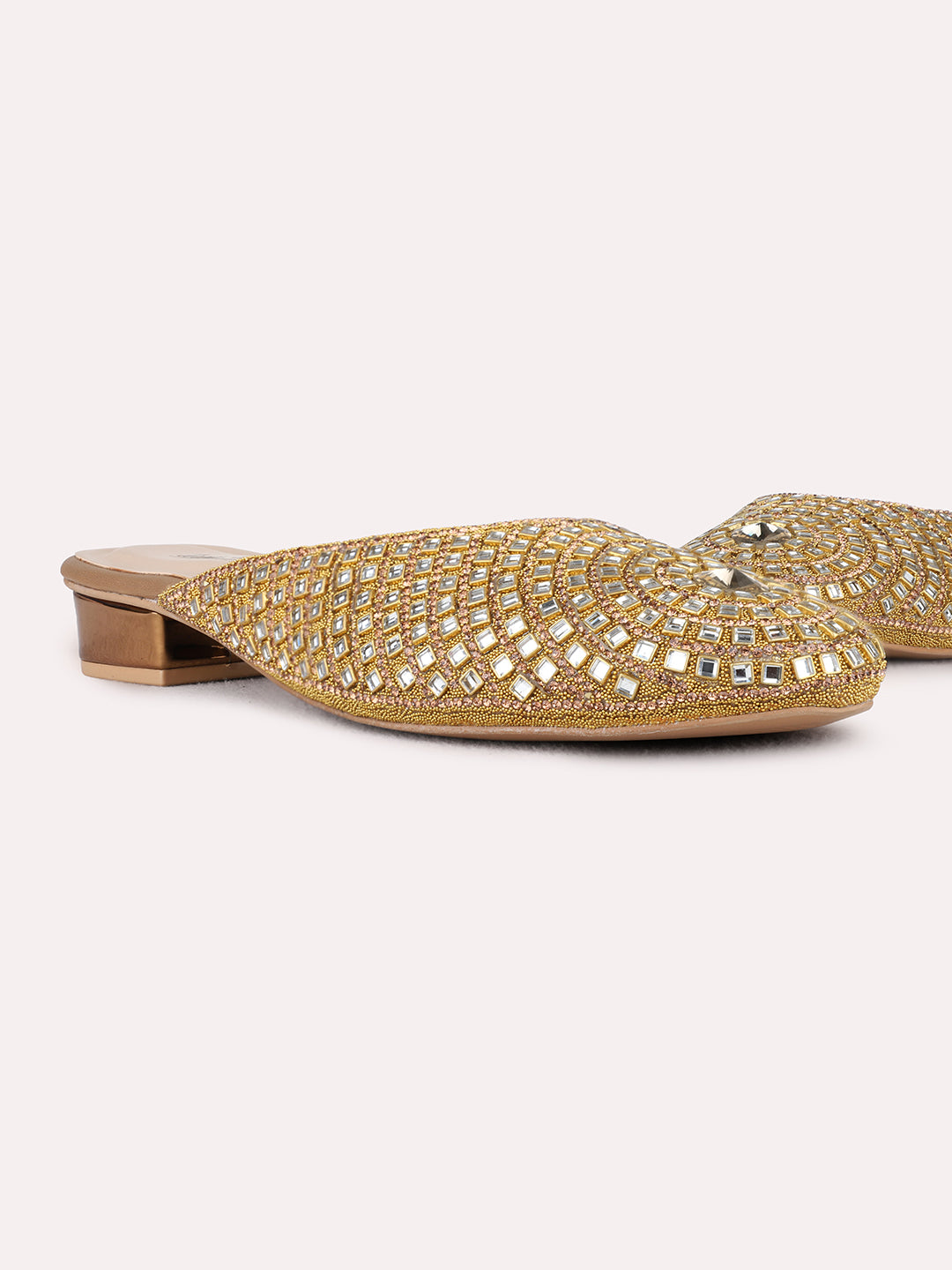 Womens Gold Party Wear Embellished Pattern Round Toe Block Heel Mules