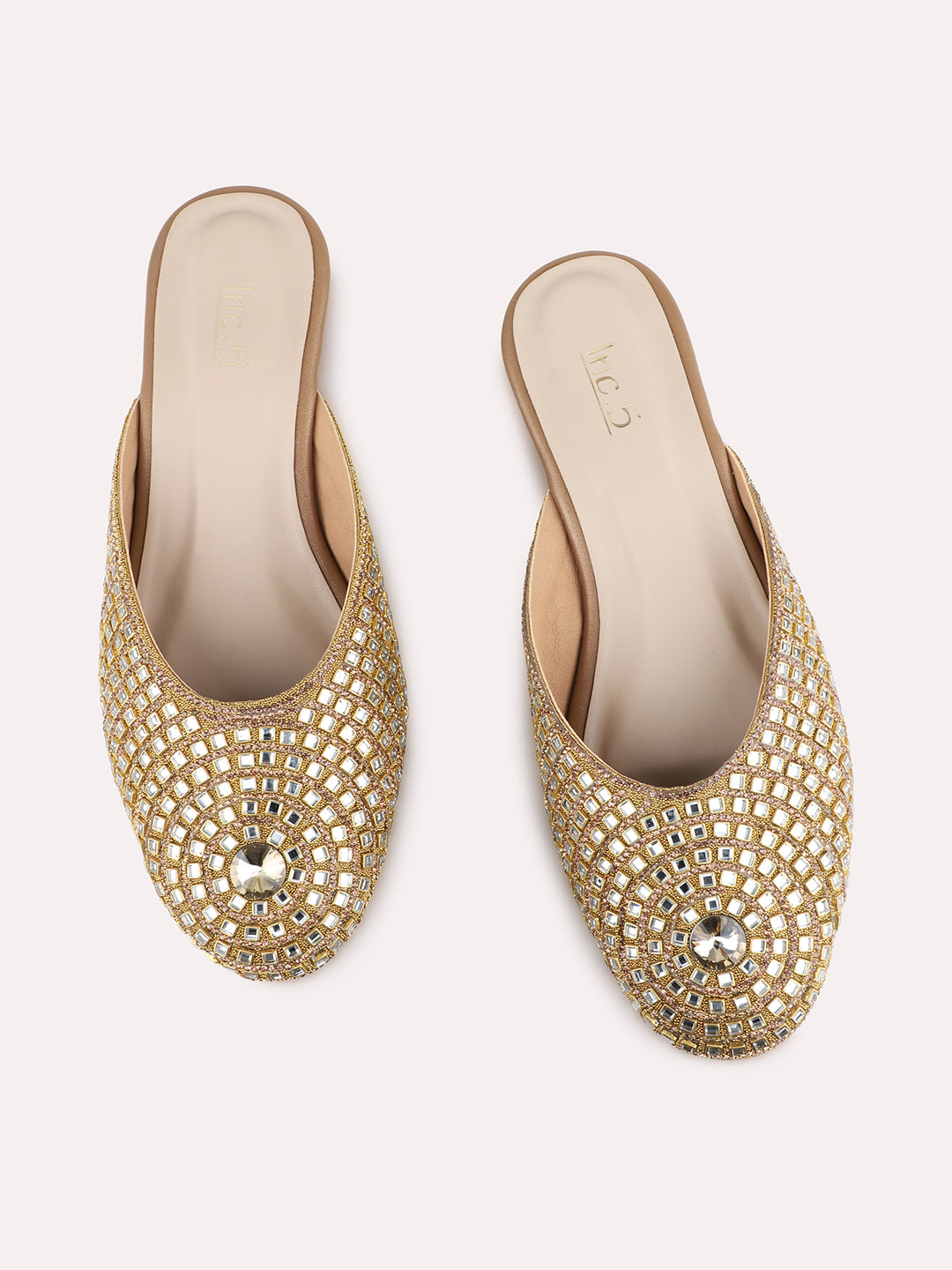 Womens Gold Party Wear Embellished Pattern Round Toe Block Heel Mules