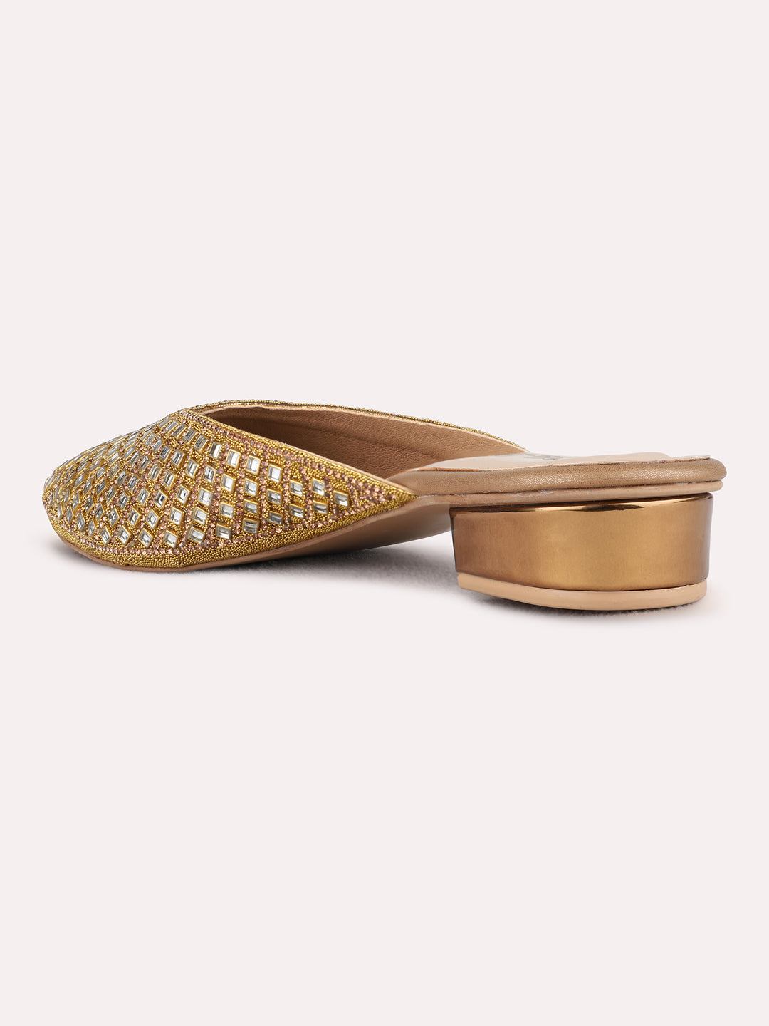 Womens Gold Party Wear Embellished Pattern Round Toe Block Heel Mules
