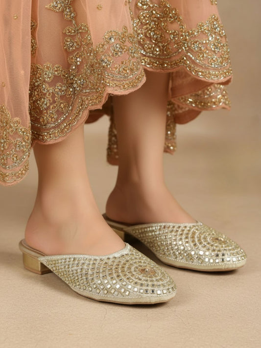 Womens Gold Party Wear Embellished Round Toe Block Heel Mules