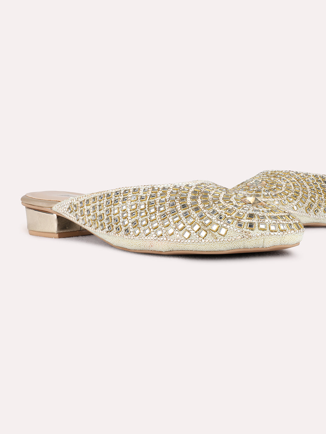 Womens Gold Party Wear Embellished Round Toe Block Heel Mules