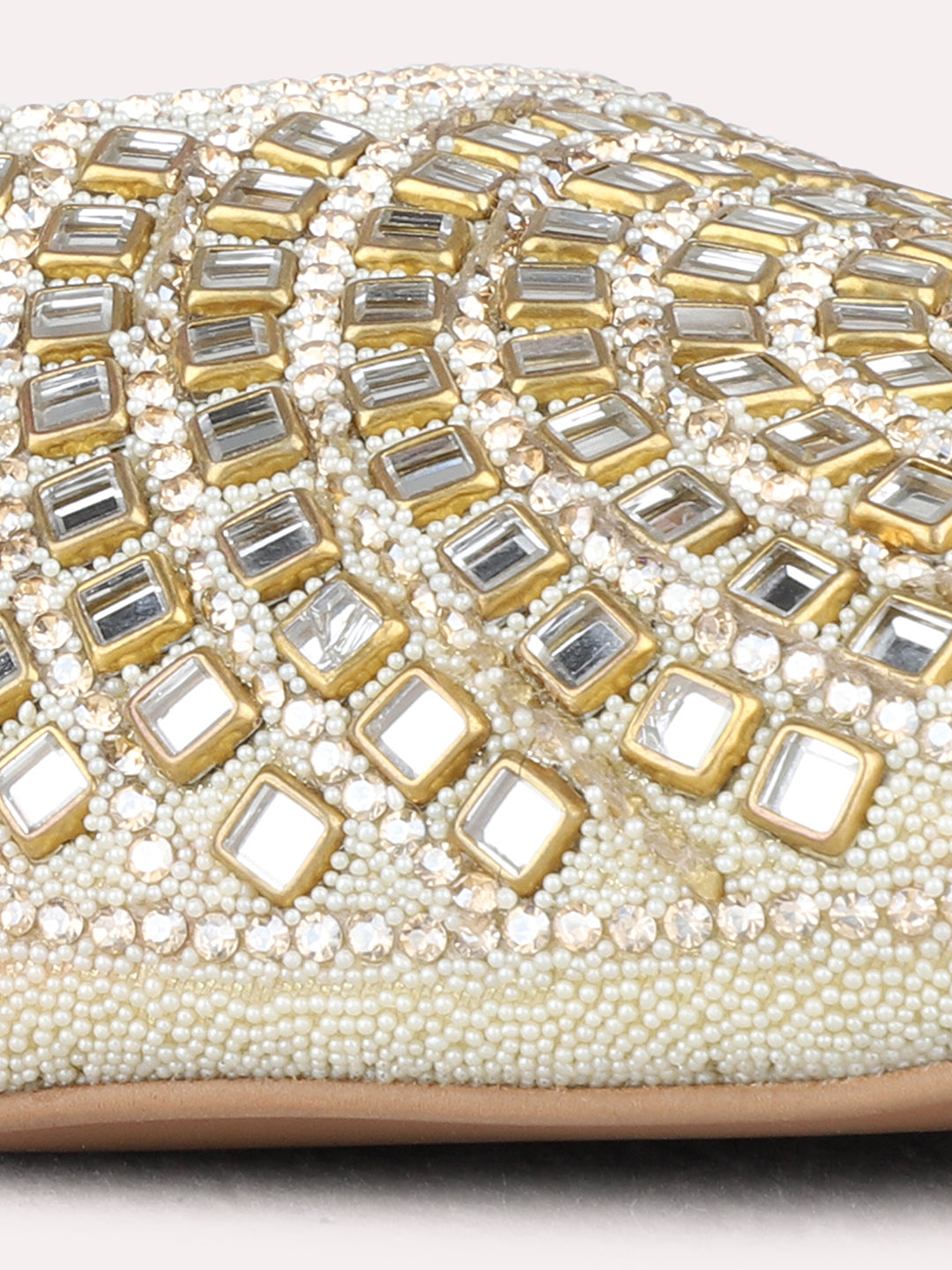 Womens Gold Party Wear Embellished Round Toe Block Heel Mules