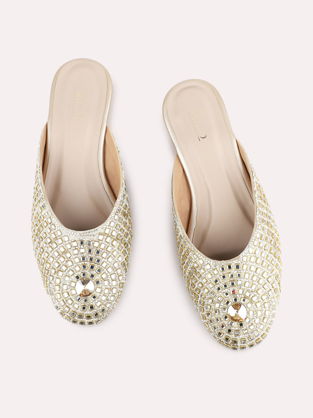 Womens Gold Party Wear Embellished Round Toe Block Heel Mules