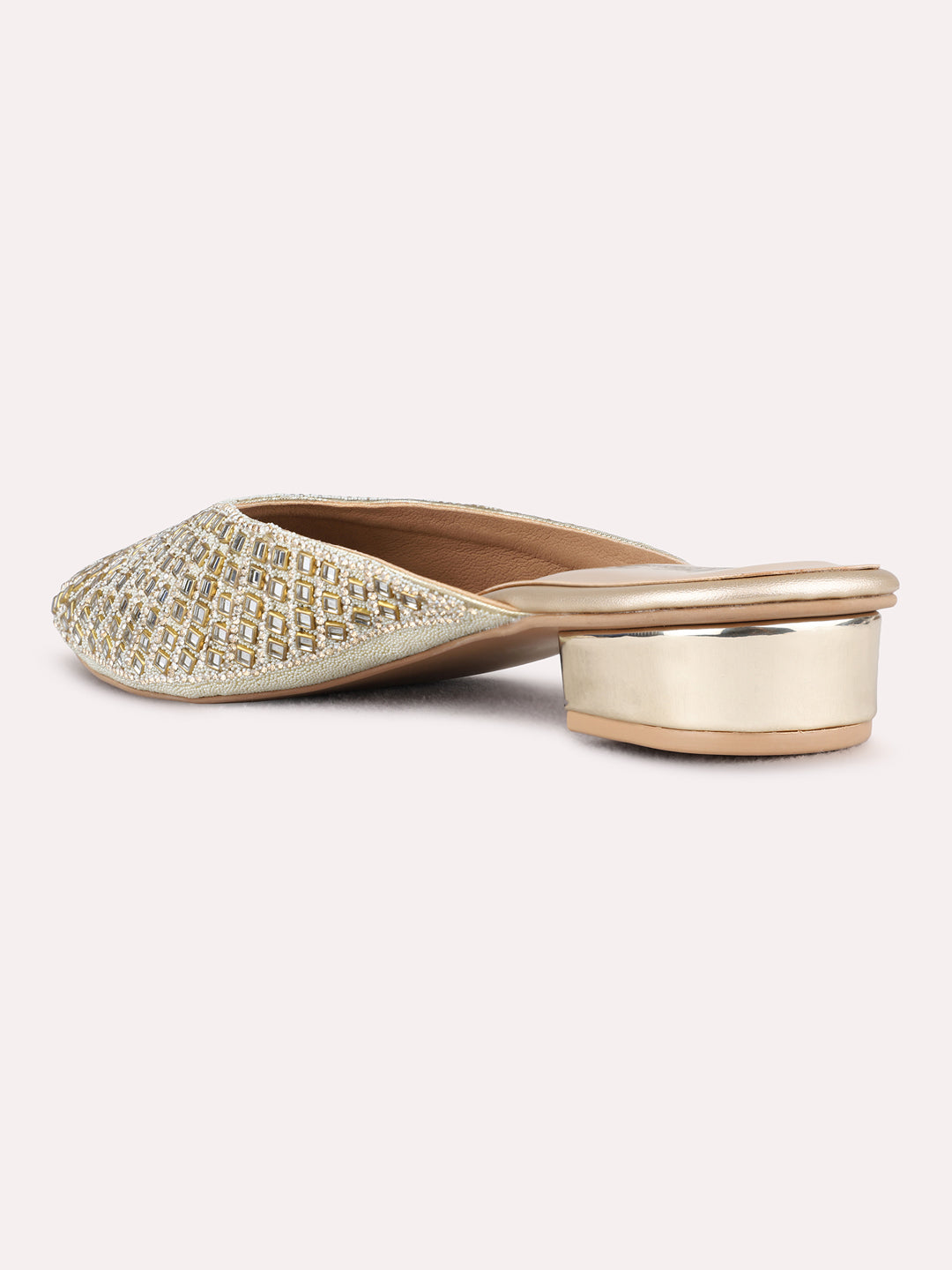 Womens Gold Party Wear Embellished Round Toe Block Heel Mules