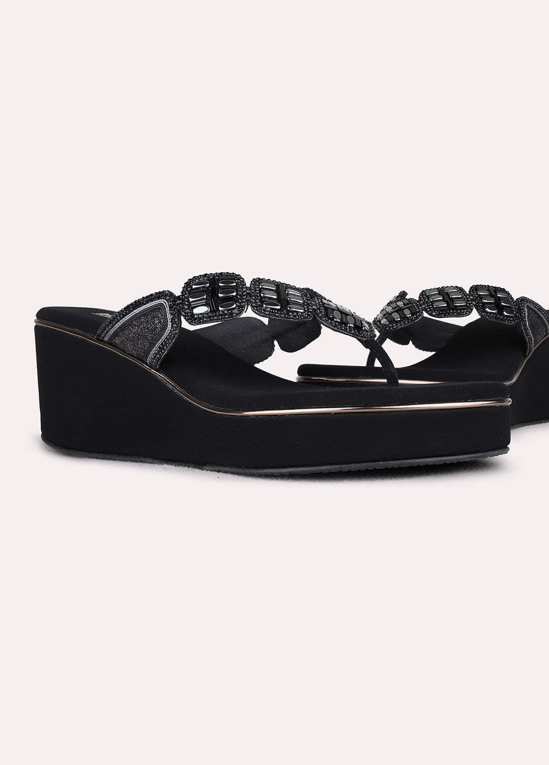 Womens Black Ethnic Embellished Round Toe Wedges