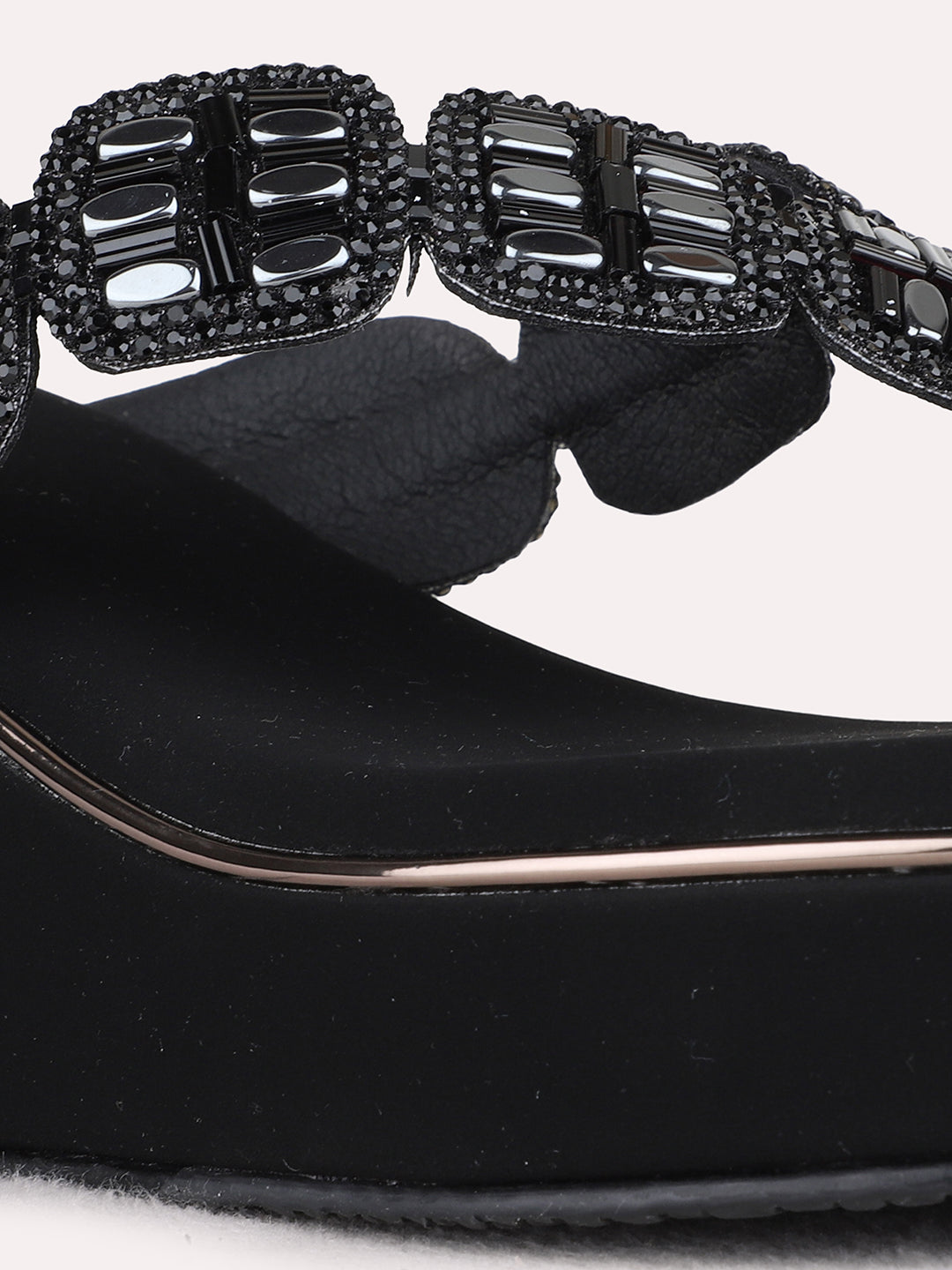Womens Black Ethnic Embellished Round Toe Wedges