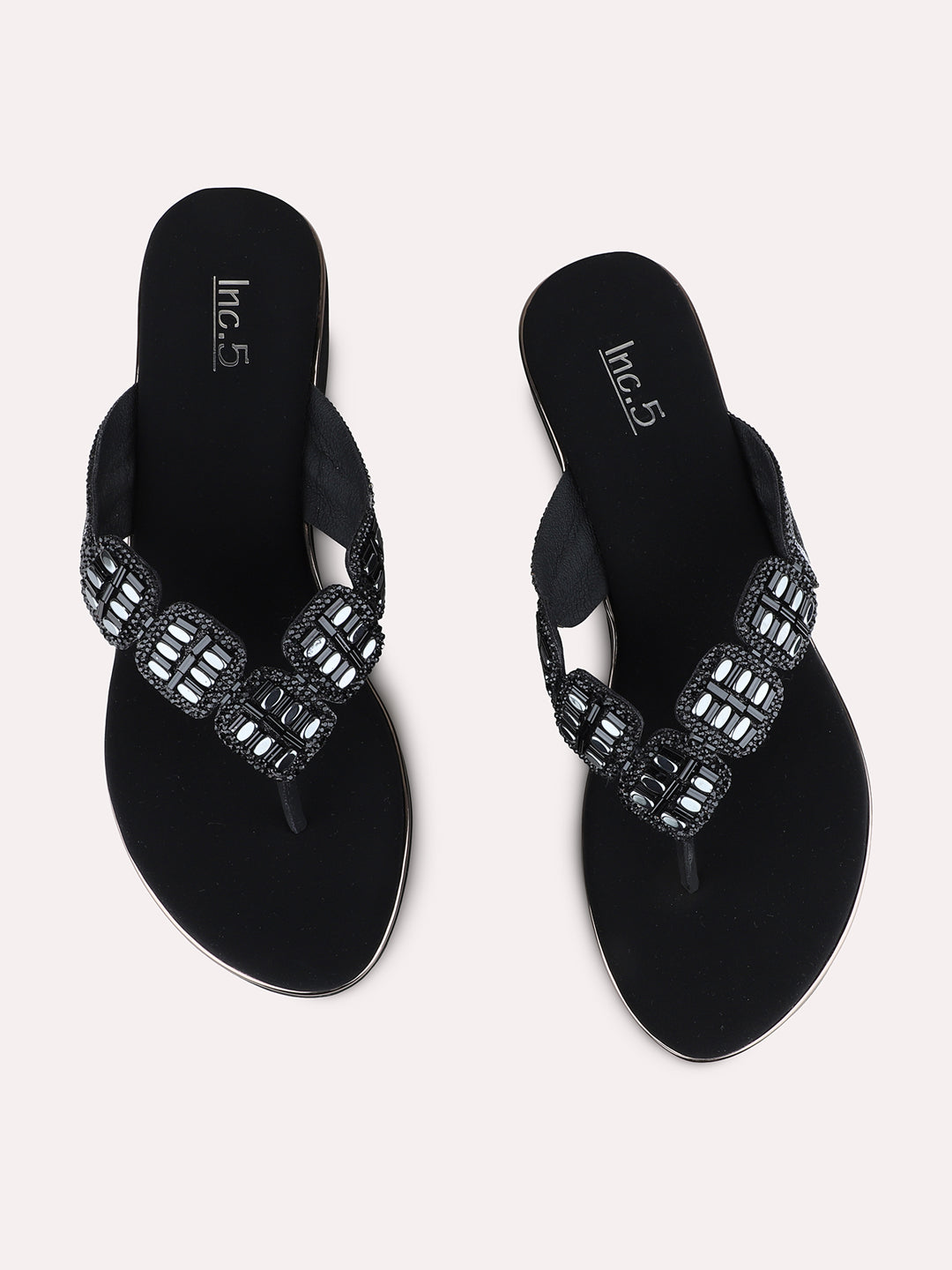 Womens Black Ethnic Embellished Round Toe Wedges