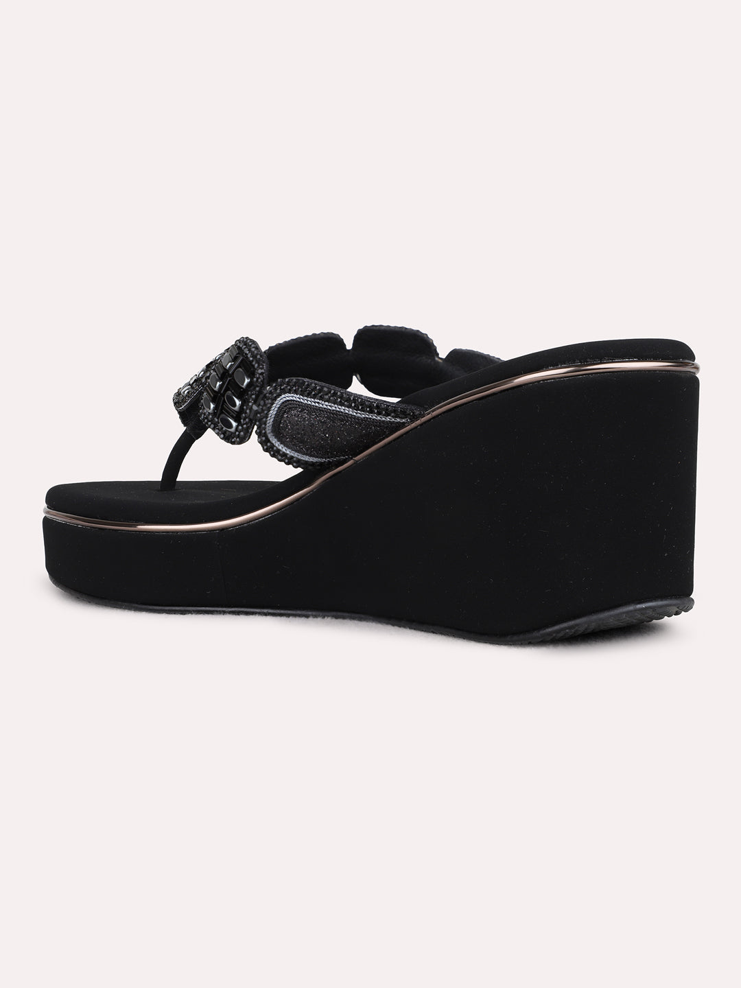 Womens Black Ethnic Embellished Round Toe Wedges