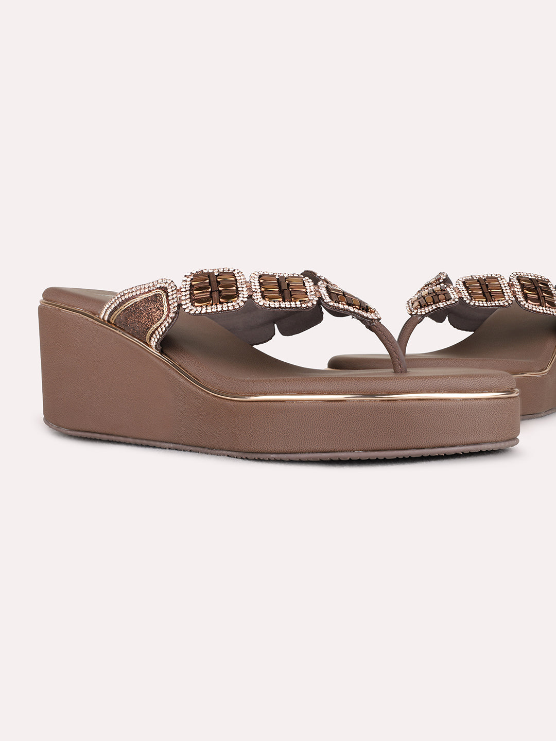 Womens Brown Ethnic Embellished Round Toe Wedge Heels