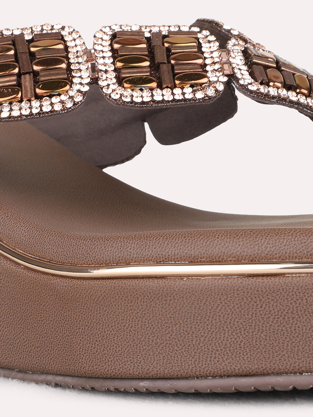 Womens Brown Ethnic Embellished Round Toe Wedge Heels