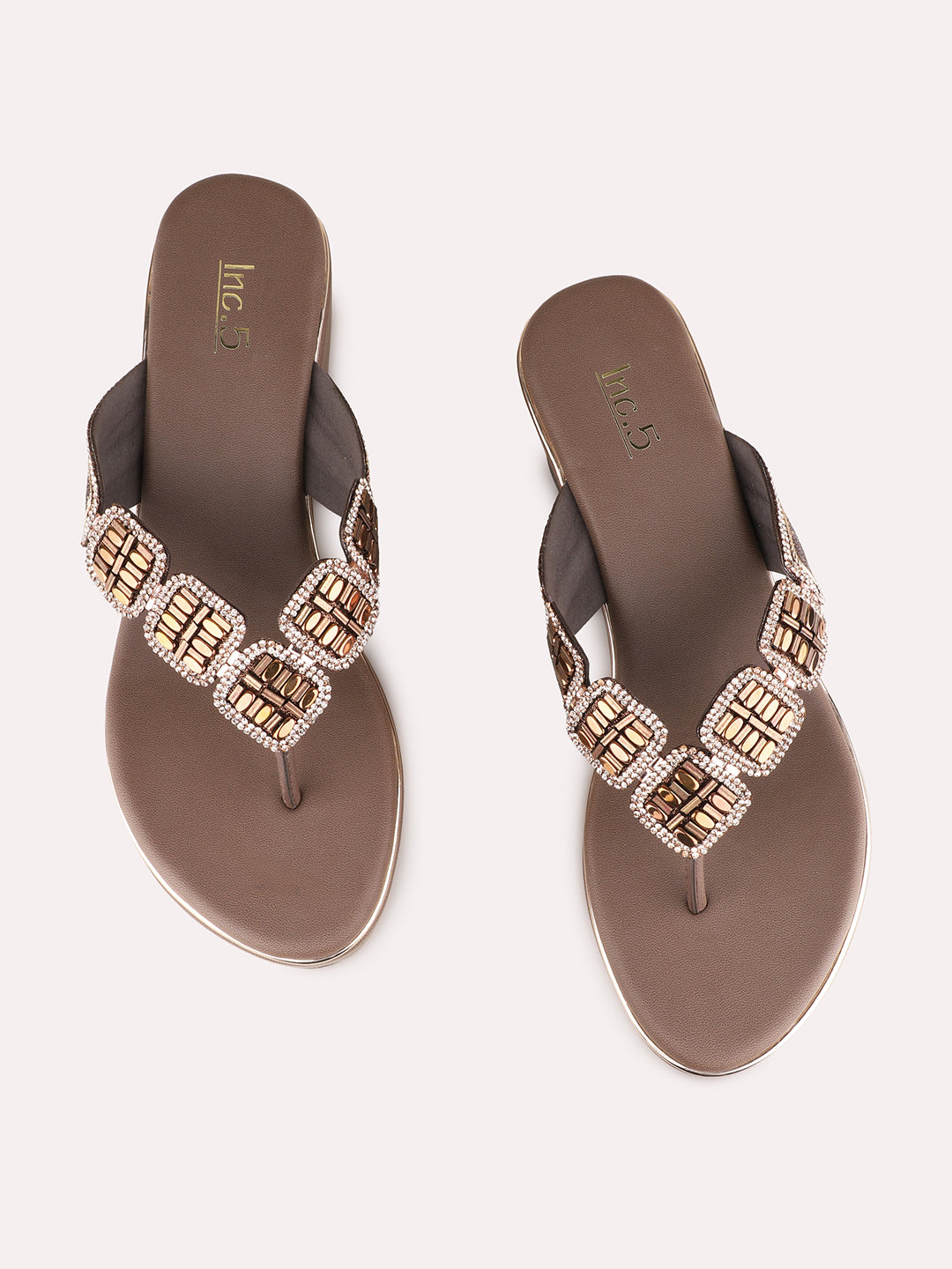 Womens Brown Ethnic Embellished Round Toe Wedge Heels