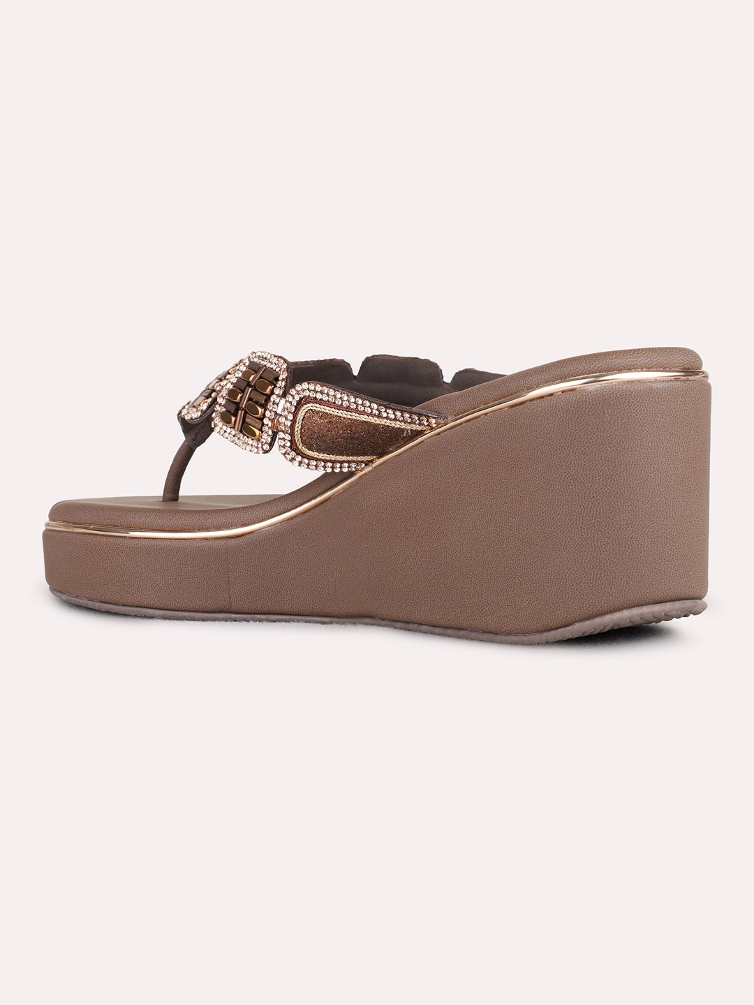 Womens Brown Ethnic Embellished Round Toe Wedge Heels