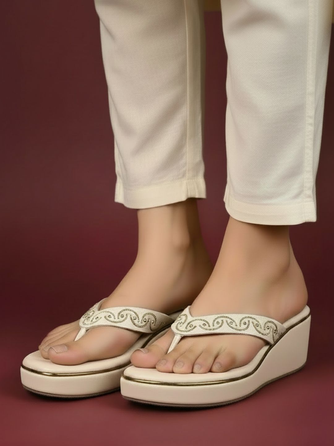 Womens Beige Ethnic Embellished Round Toe Wedge Heels