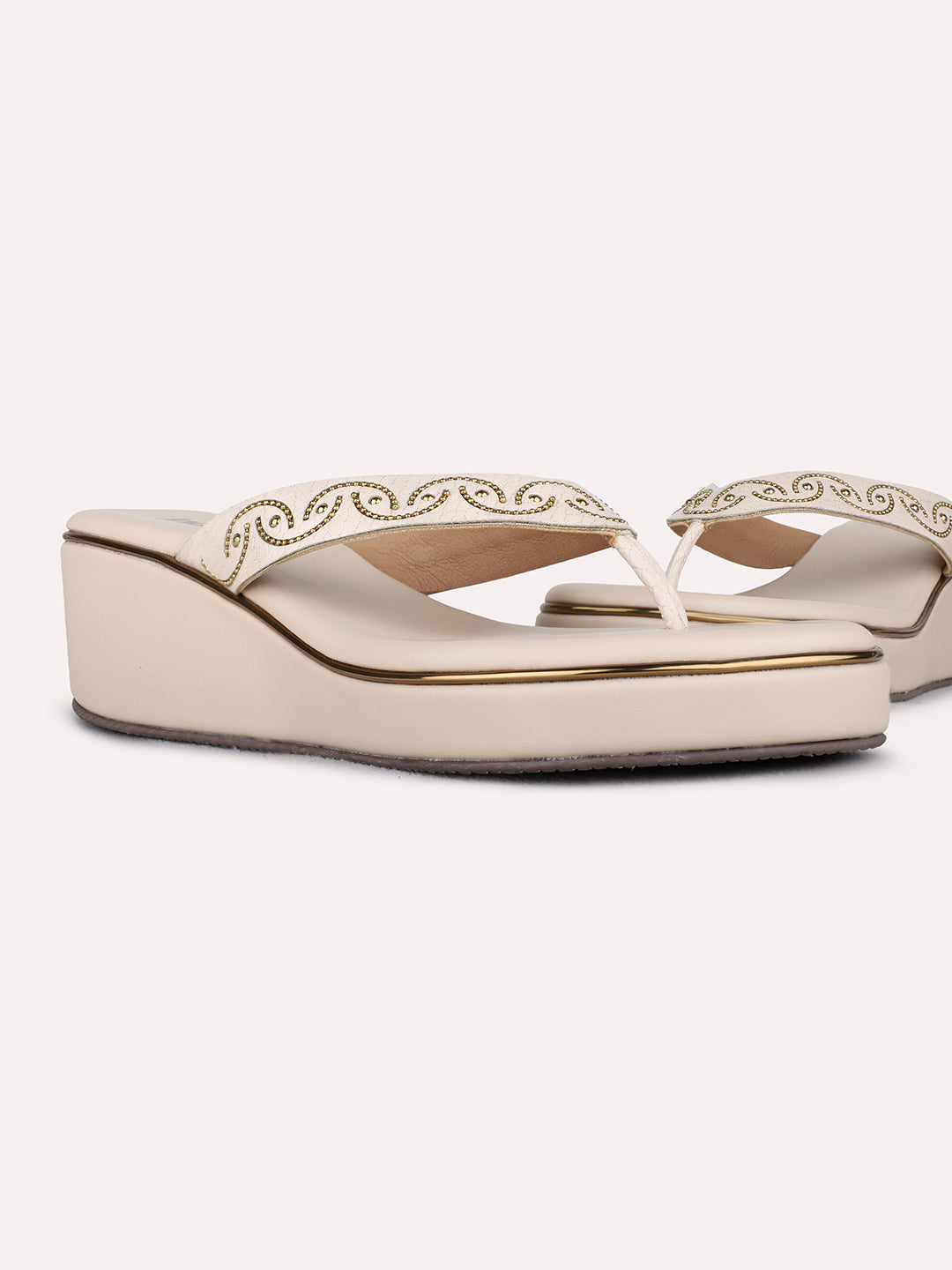 Womens Beige Ethnic Embellished Round Toe Wedge Heels