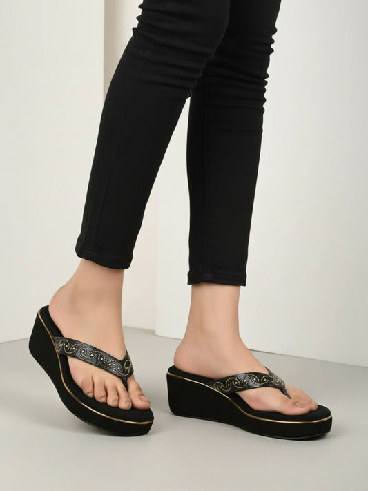 Womens Black Ethnic Embellished Round Toe Wedge Heels