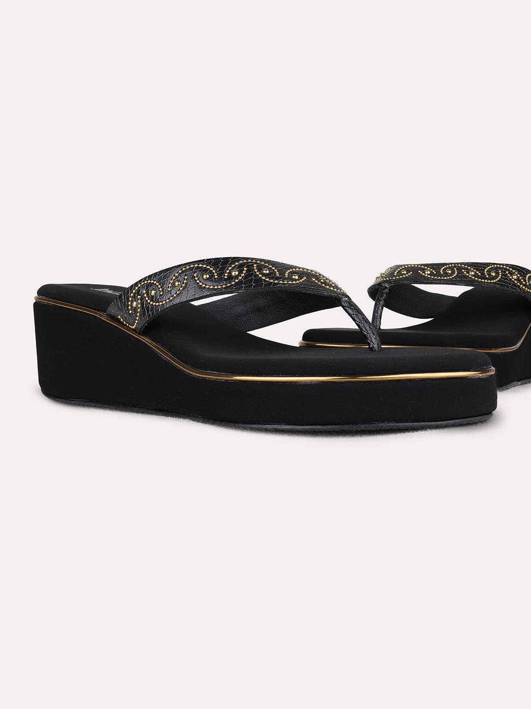 Womens Black Ethnic Embellished Round Toe Wedge Heels