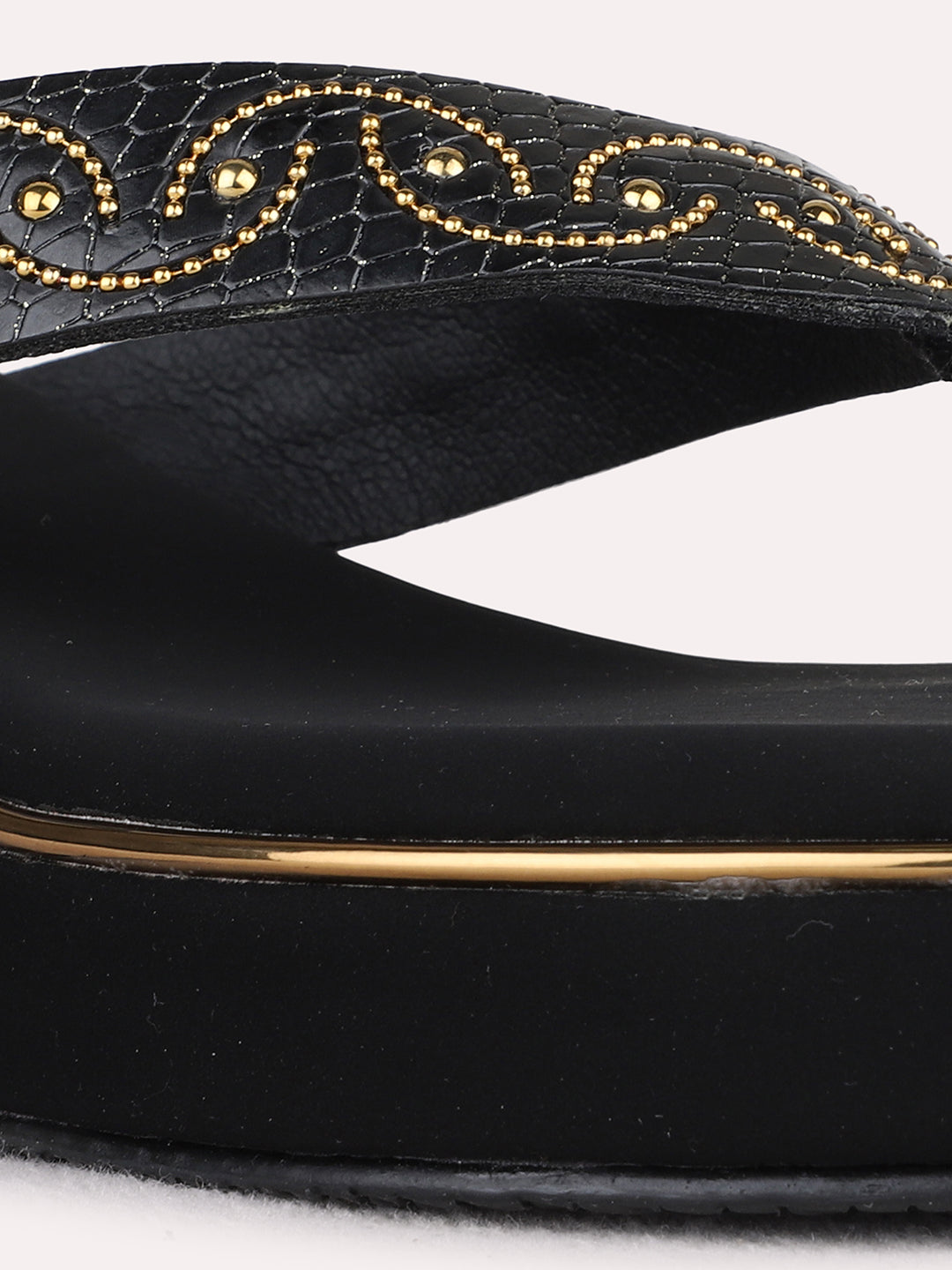 Womens Black Ethnic Embellished Round Toe Wedge Heels