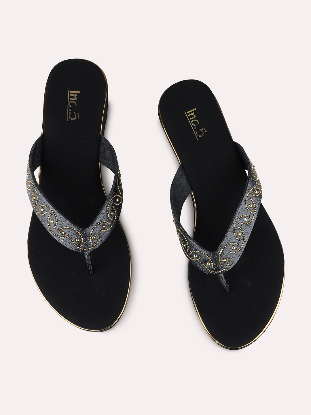 Womens Black Ethnic Embellished Round Toe Wedge Heels