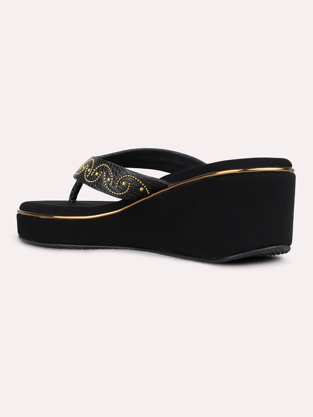Womens Black Ethnic Embellished Round Toe Wedge Heels
