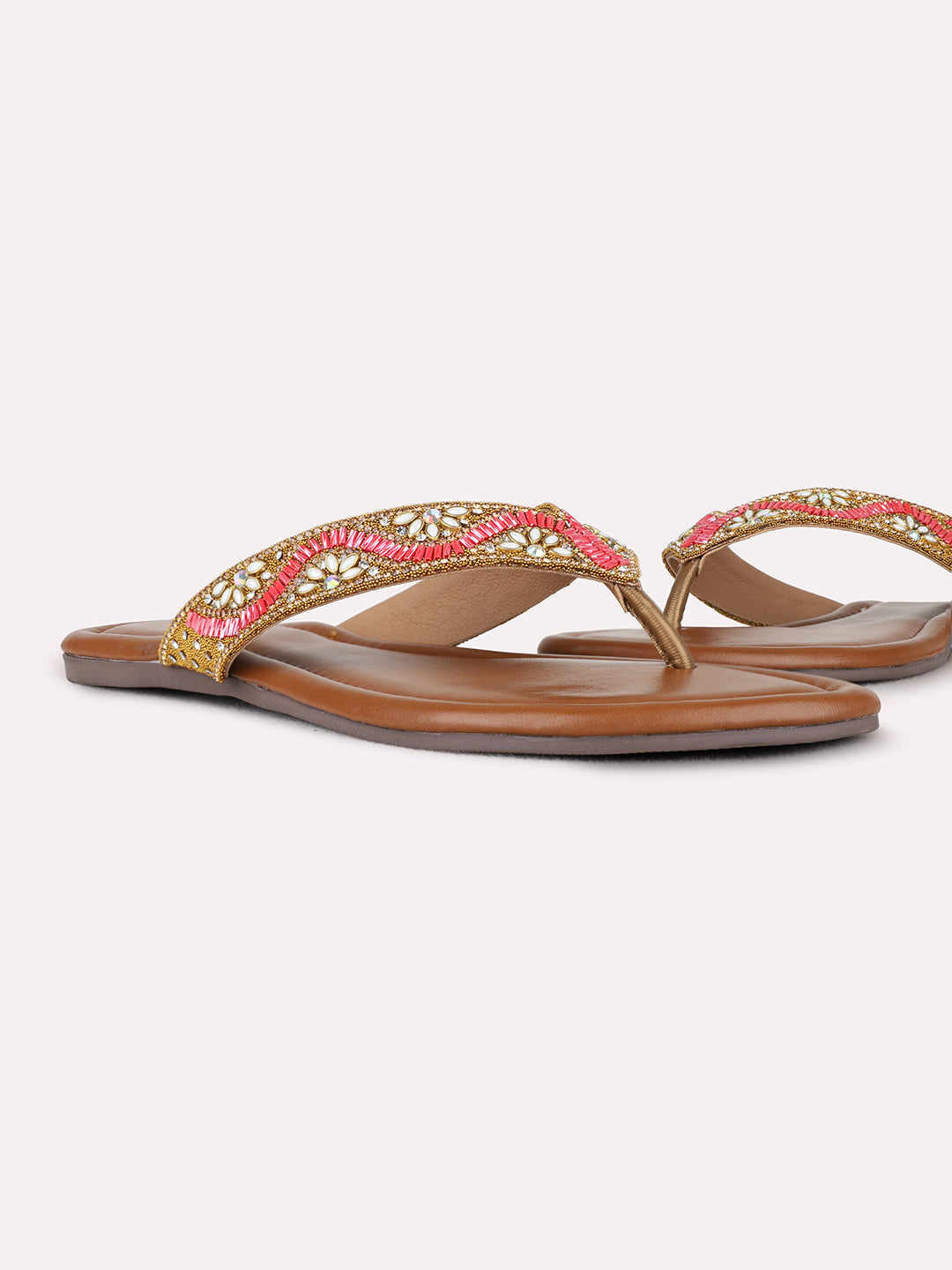 Womens Golden Ethnic Embellished T-Strap Flat Slip-Ons