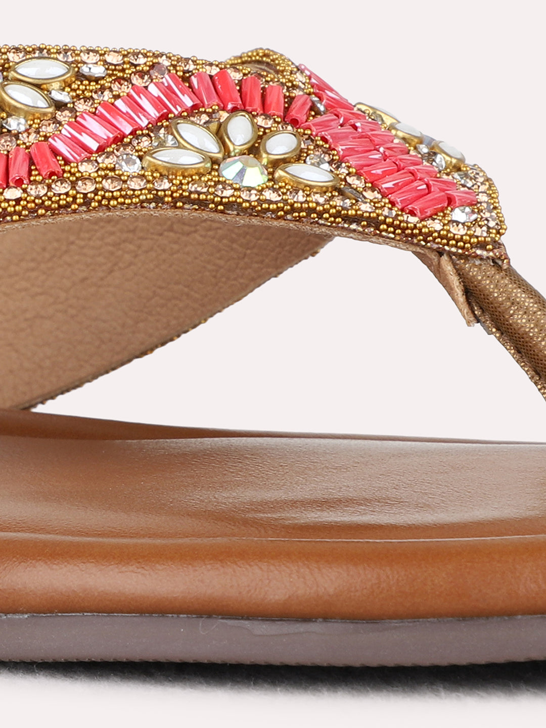 Womens Golden Ethnic Embellished T-Strap Flat Slip-Ons