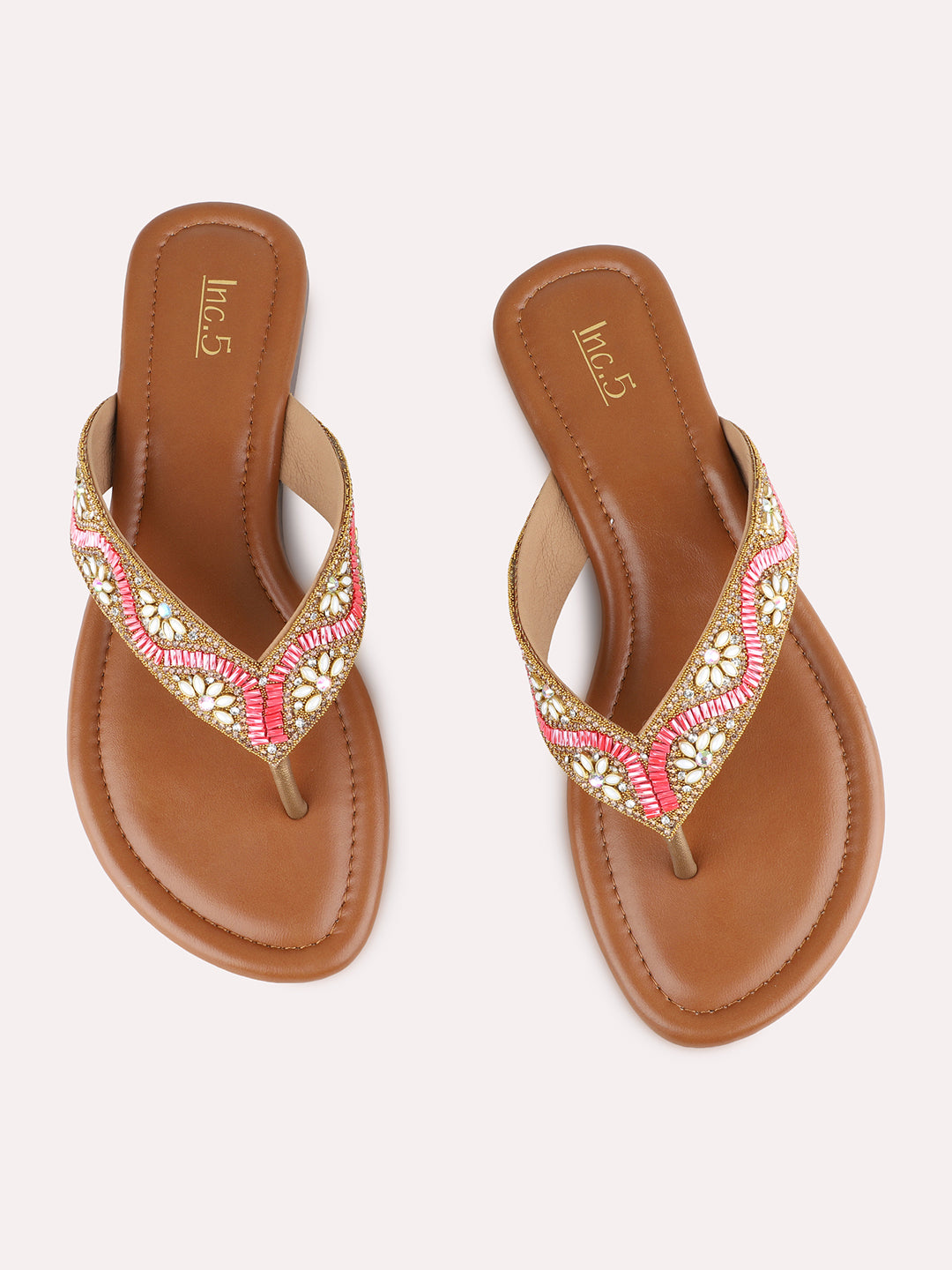 Womens Golden Ethnic Embellished T-Strap Flat Slip-Ons