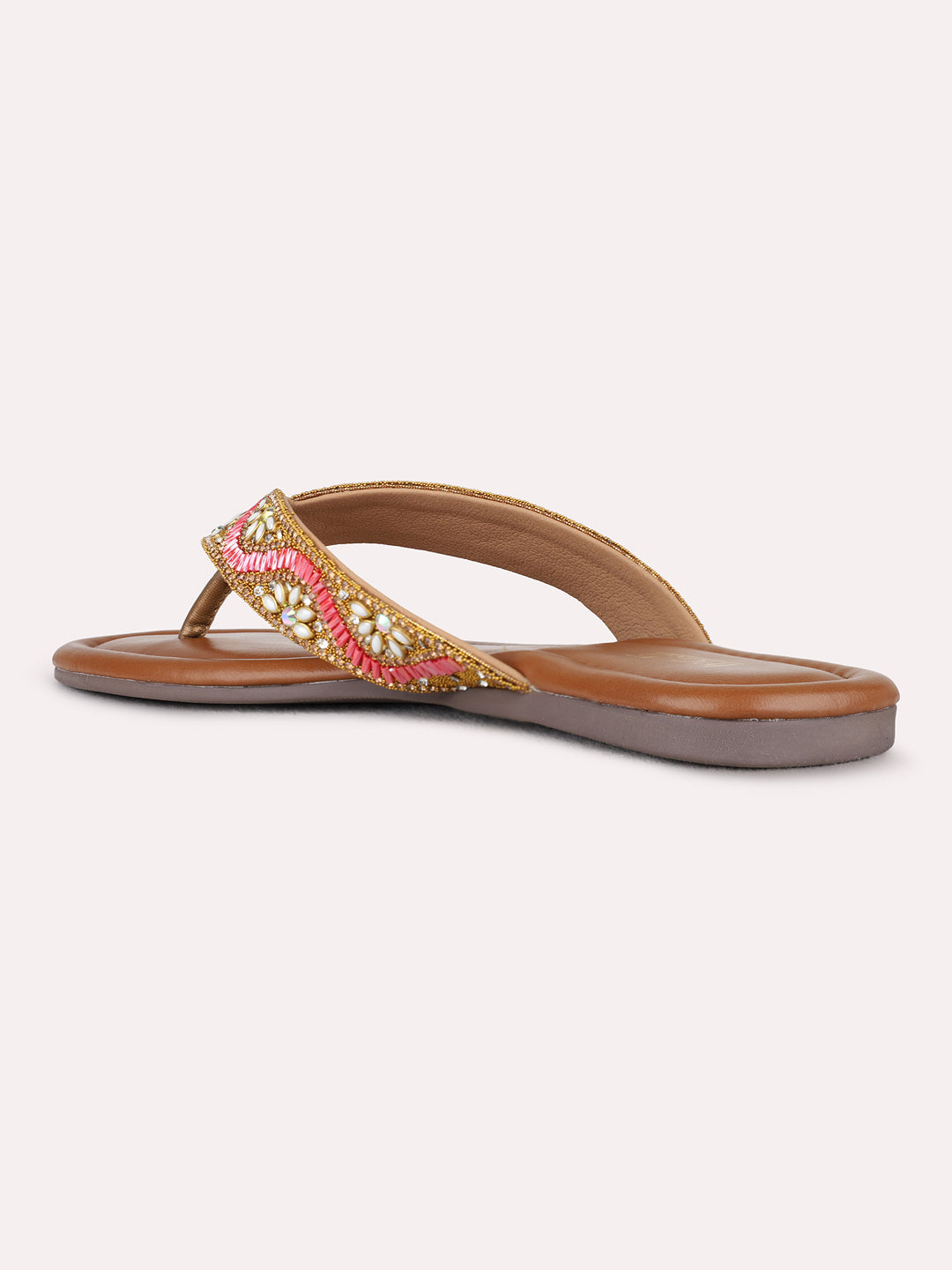 Womens Golden Ethnic Embellished T-Strap Flat Slip-Ons