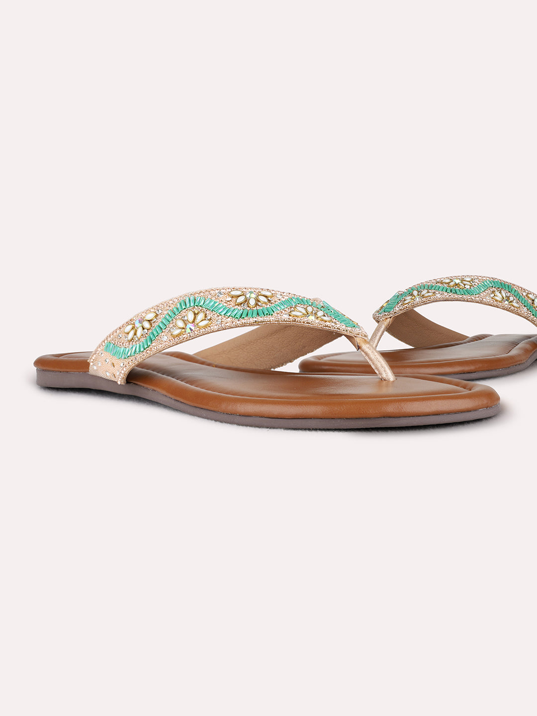 Womens Rose Gold Ethnic Embellished T-Strap Flat Slip-Ons