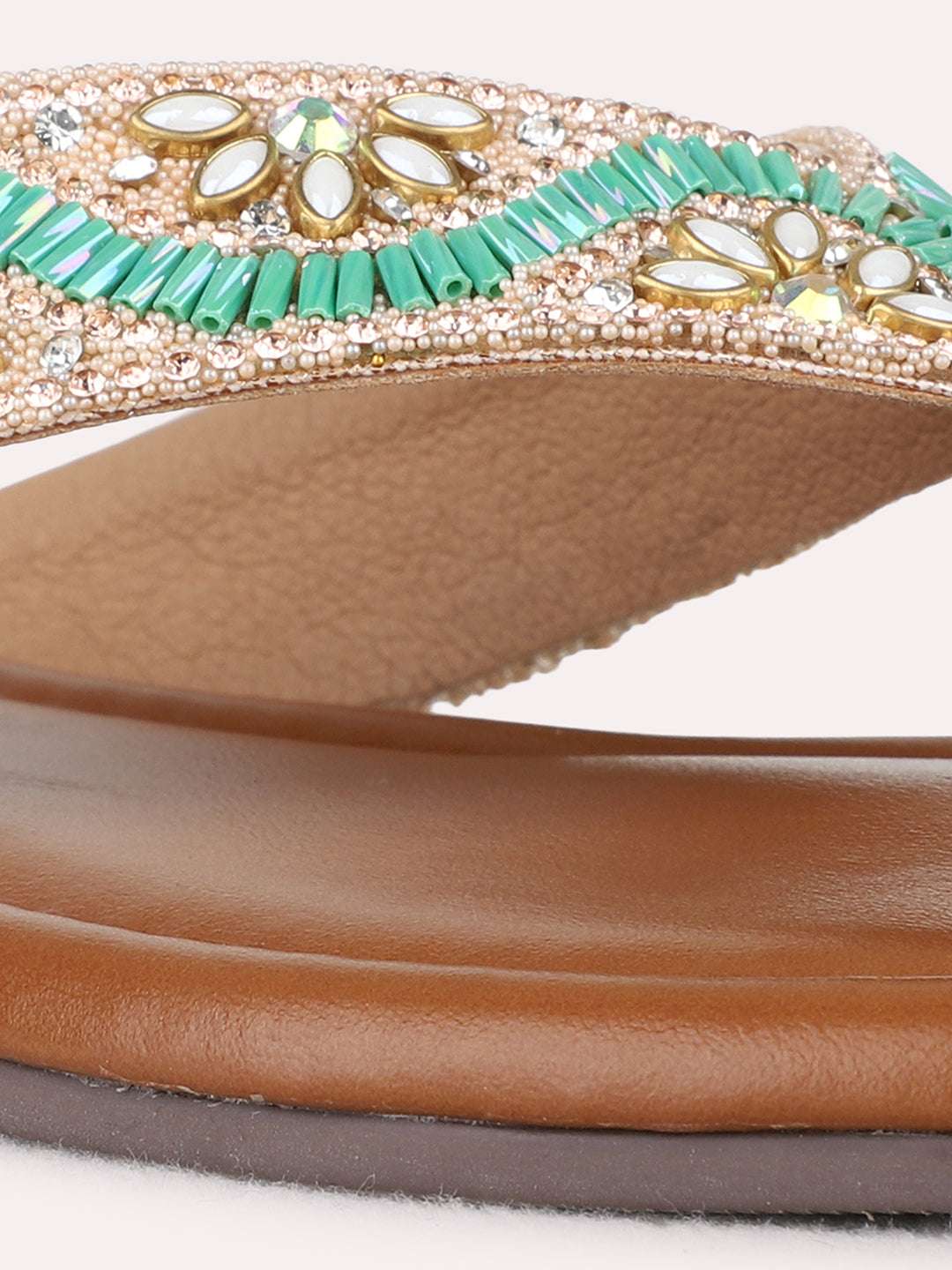 Womens Rose Gold Ethnic Embellished T-Strap Flat Slip-Ons