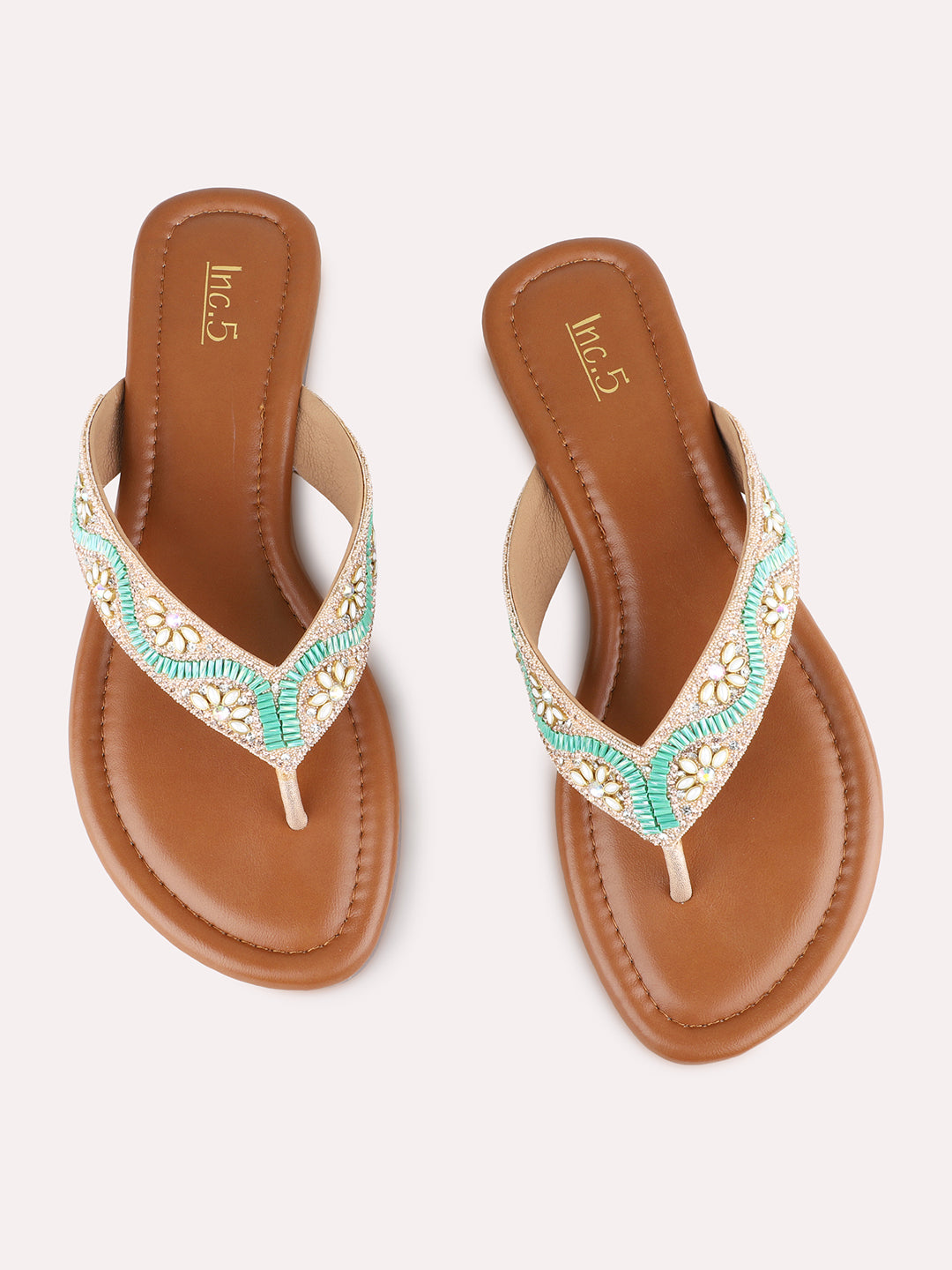 Womens Rose Gold Ethnic Embellished T-Strap Flat Slip-Ons