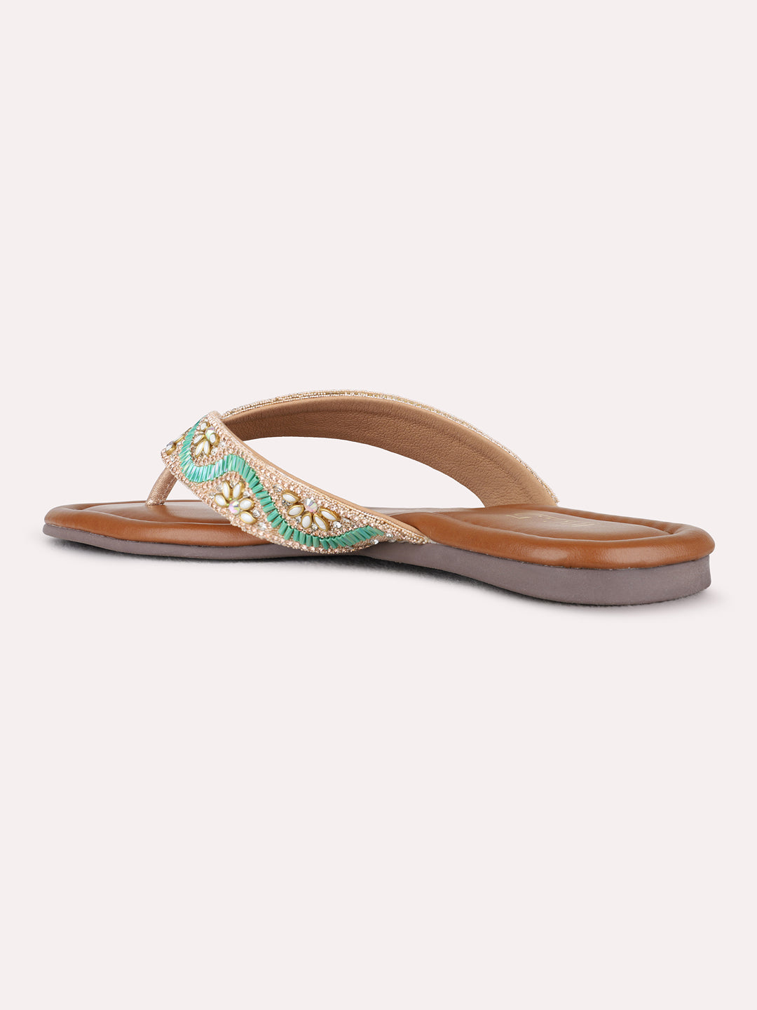 Womens Rose Gold Ethnic Embellished T-Strap Flat Slip-Ons