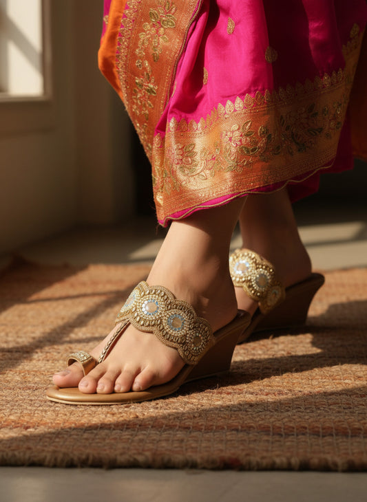 Womens Golden Ethnic Embellished Round Toe Shape Wedge Heels