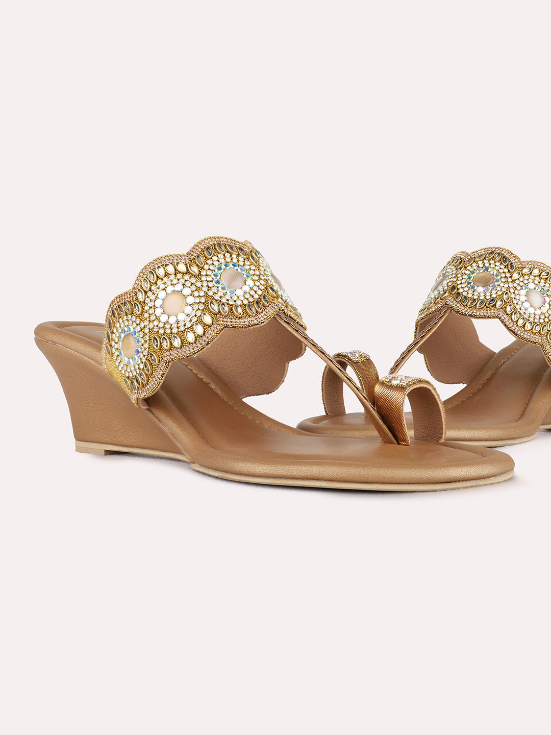 Womens Golden Ethnic Embellished Round Toe Shape Wedge Heels