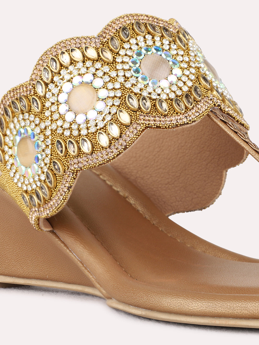 Womens Golden Ethnic Embellished Round Toe Shape Wedge Heels