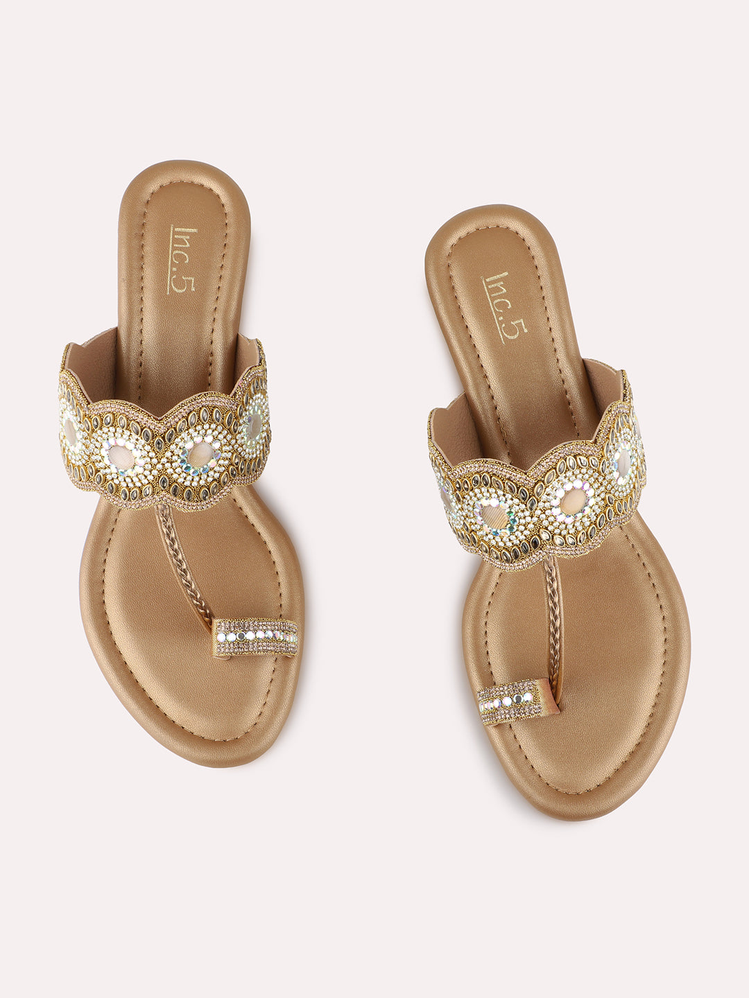 Womens Golden Ethnic Embellished Round Toe Shape Wedge Heels