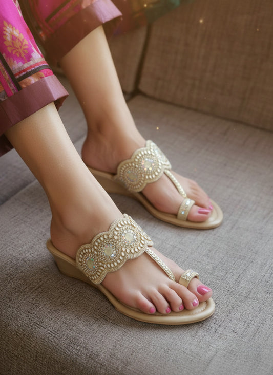Womens Golden Ethnic Embellished Round Toe Wedge Heels